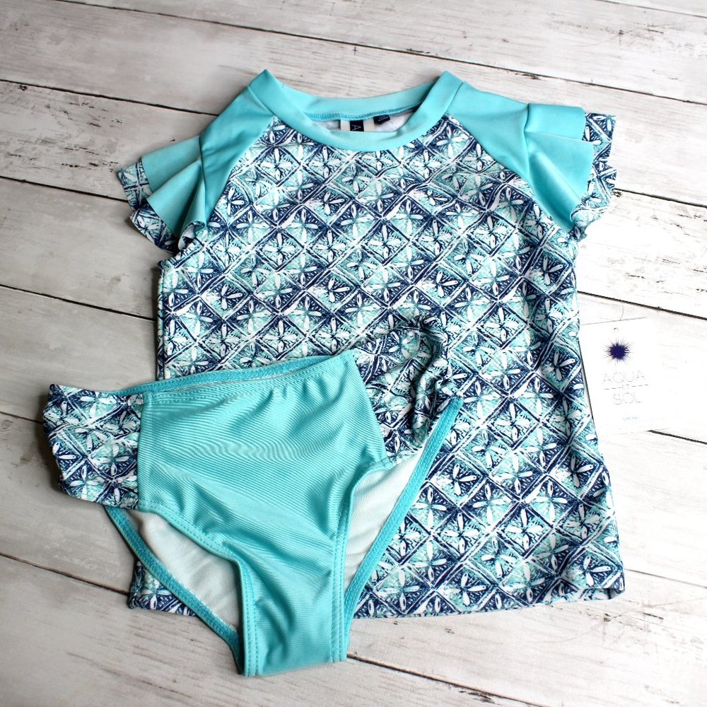 Aqua Et Sol Girl's Rashguard Swimsuit Size 10/12 UPF 50+ 2 Pc